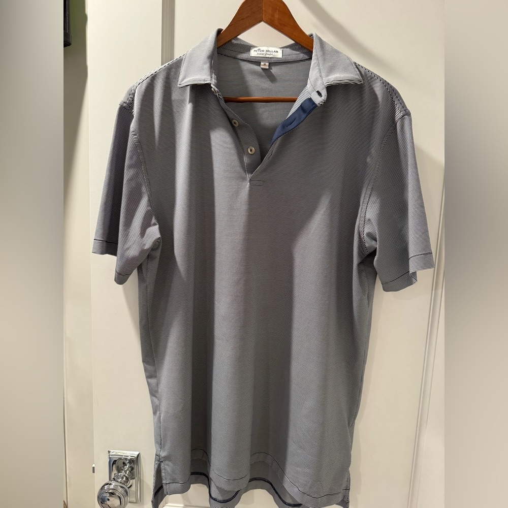 Peter Millar Summer Comfort navy and white stripe polo shirt 
Size M